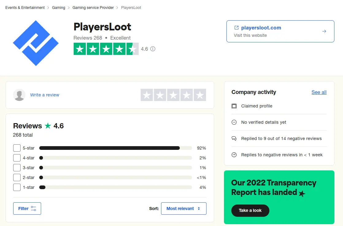 PlayersLoot TrustPilot feedbacks