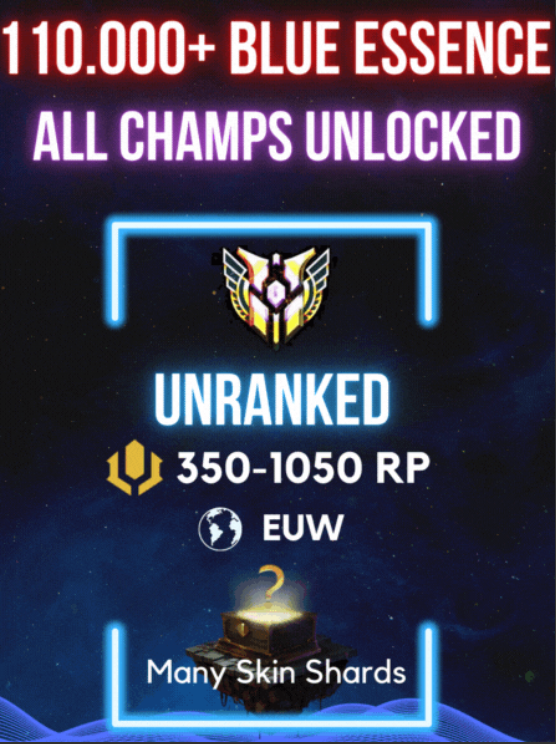 BUY HERE => 110K+BE / 350RP EU West =>ALL CHAMPS UNLOCKED / 30+ LV / UNVERIFIED MAIL / UNRANKED / LIFETIME WARRANTIED
