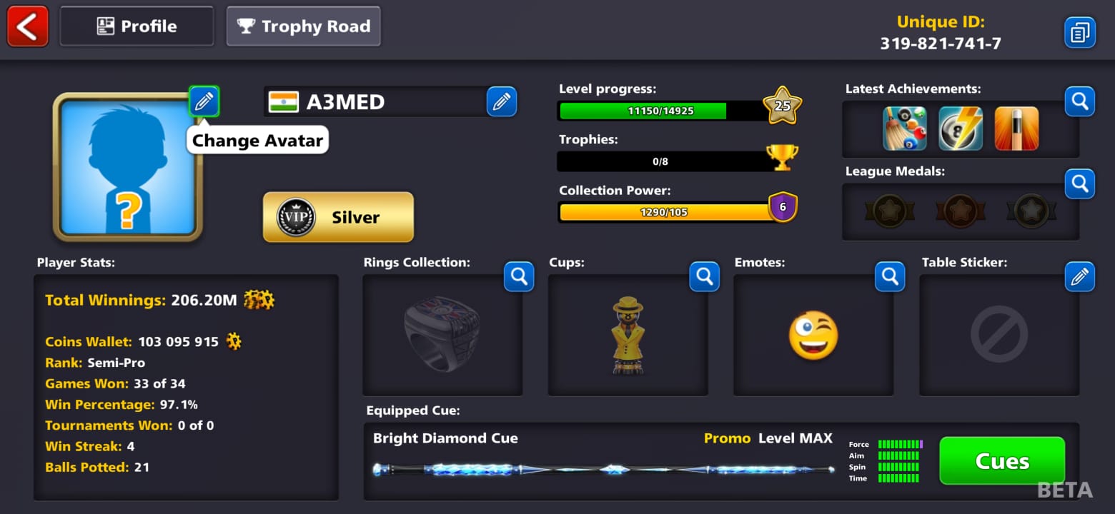 FULL MAX CUE | 100 MILLION COINS | DESIRED NAME| ANDROID/iOS