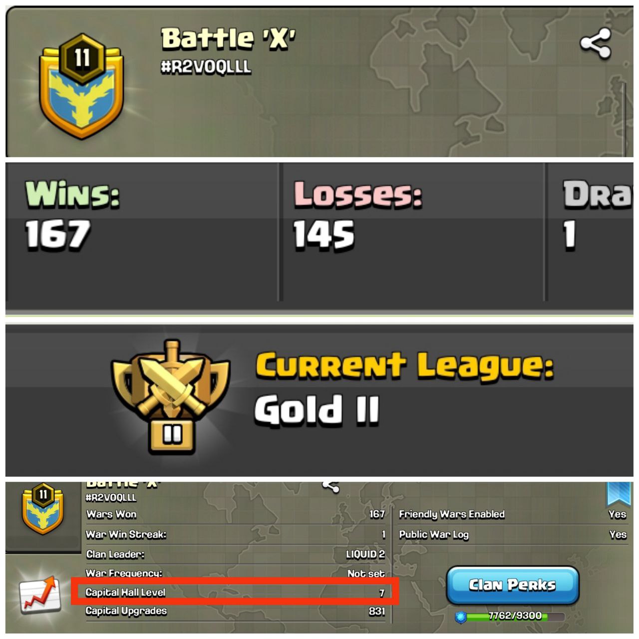 Battle X -- Clan Capital 7 -- Gold 2-- Lvl-11 -- (2:1)Positive Log -- Brilliant and Superb Name And League
