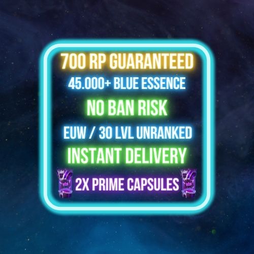 EUW / NO BAN RISK / SKIN SELECTABLE / 350RP GUARANTEED / 45K+ BE / PRIME CAPSULE IN LOOT / 30+ LV / UNVERIFIED MAIL / UNRANKED